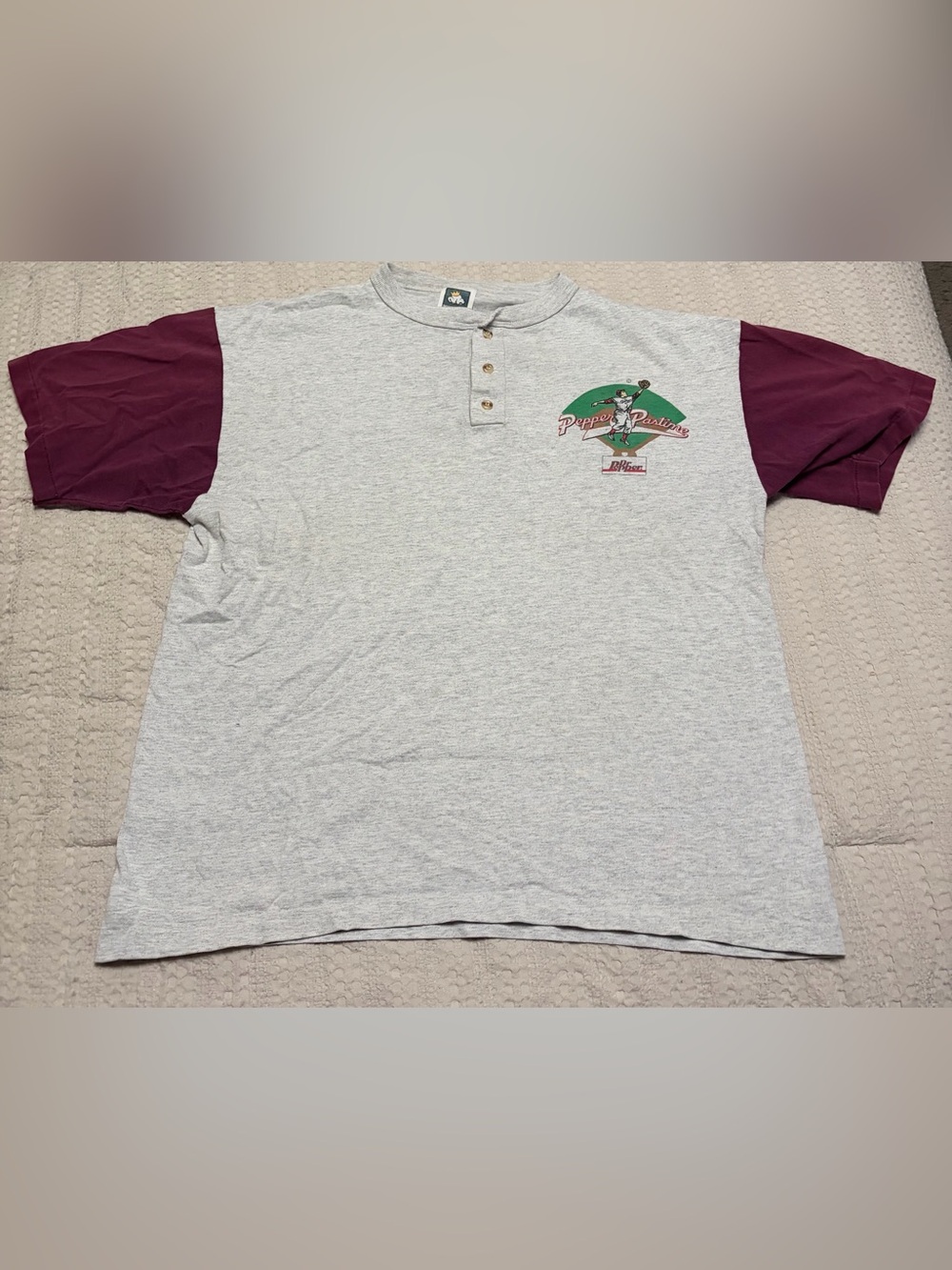 Cotton Deluxe Gray Henley with Burgundy Sleeve Accents - Dr. Pepper Pastime